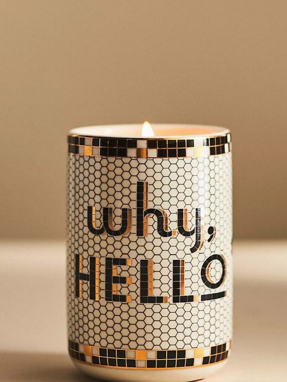 Anthropologie White and Gold "Why, Hello" Decorative Candle